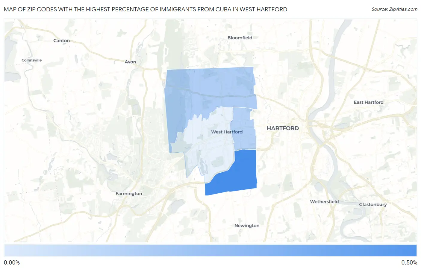 Zip Codes with the Highest Percentage of Immigrants from Cuba in West Hartford Map