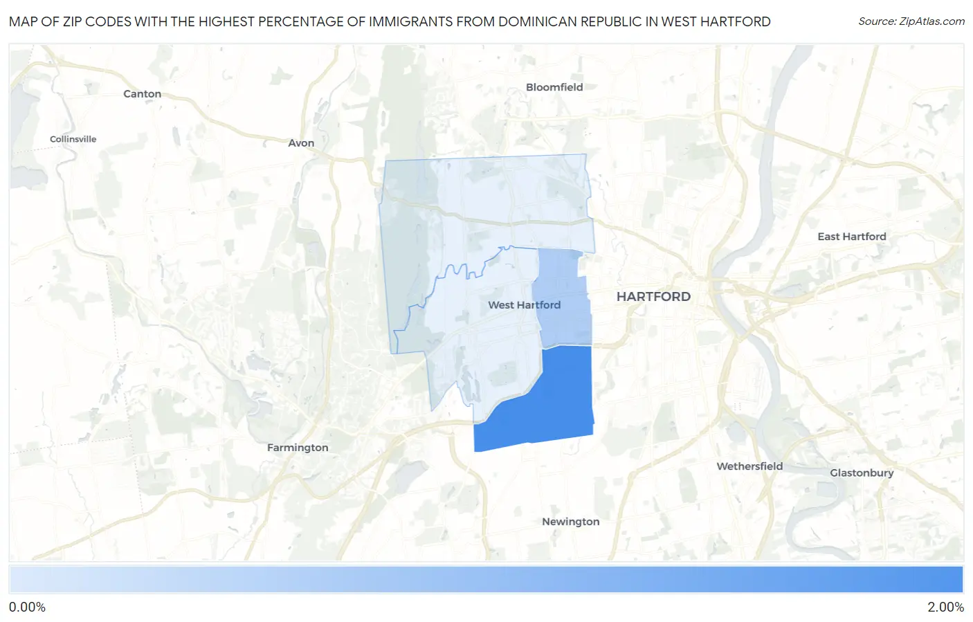 Zip Codes with the Highest Percentage of Immigrants from Dominican Republic in West Hartford Map