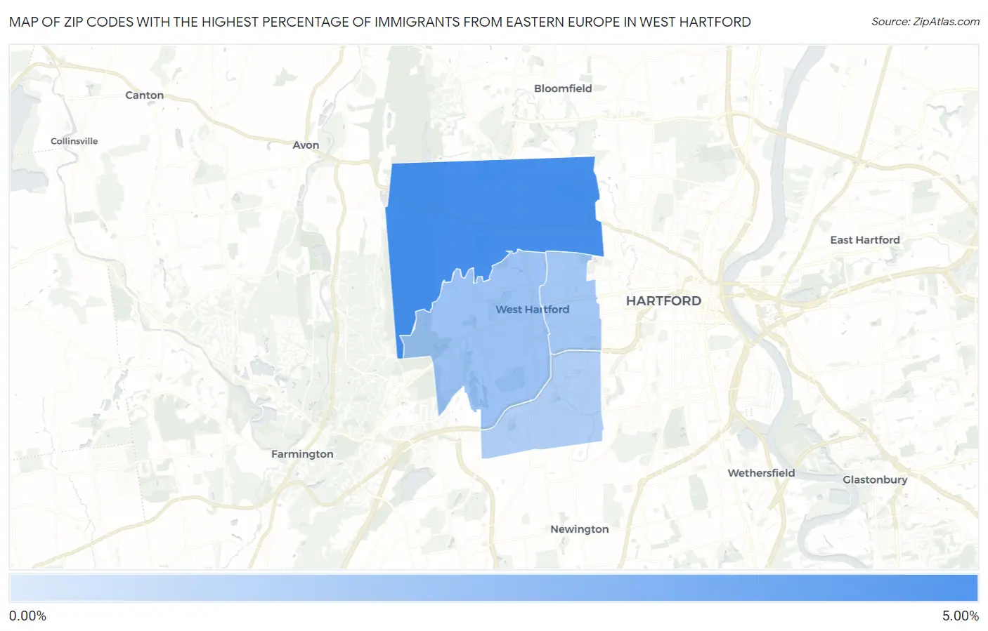 Zip Codes with the Highest Percentage of Immigrants from Eastern Europe in West Hartford Map