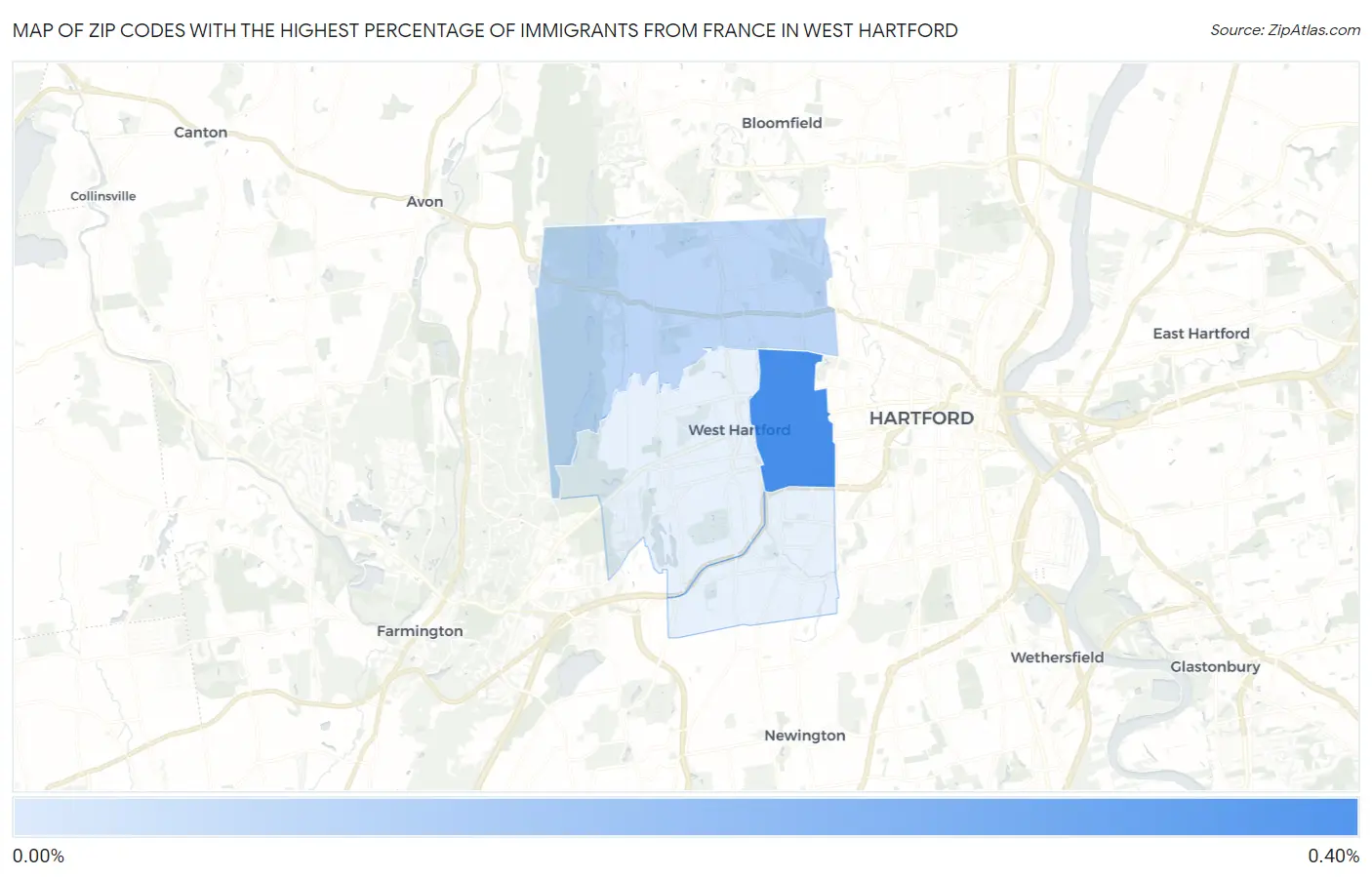 Zip Codes with the Highest Percentage of Immigrants from France in West Hartford Map