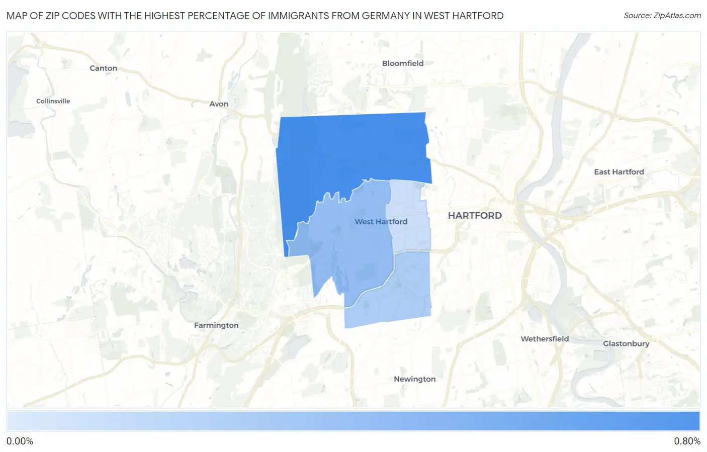 Zip Codes with the Highest Percentage of Immigrants from Germany in West Hartford Map