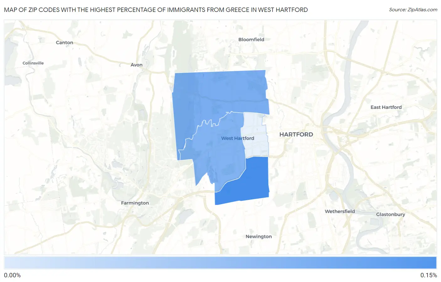 Zip Codes with the Highest Percentage of Immigrants from Greece in West Hartford Map