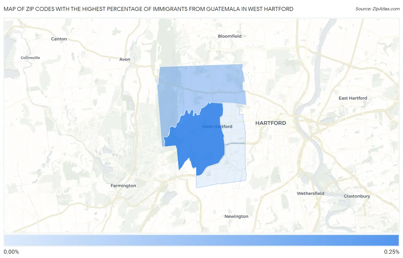 Zip Codes with the Highest Percentage of Immigrants from Guatemala in West Hartford Map