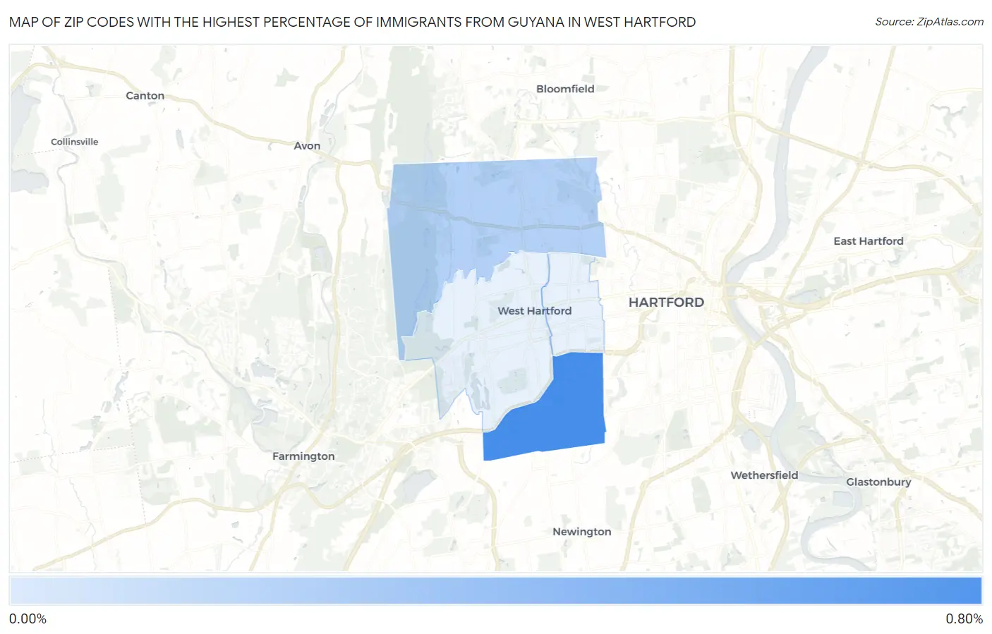 Zip Codes with the Highest Percentage of Immigrants from Guyana in West Hartford Map