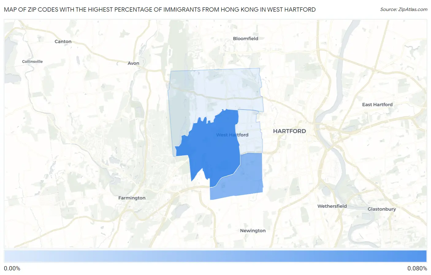 Zip Codes with the Highest Percentage of Immigrants from Hong Kong in West Hartford Map
