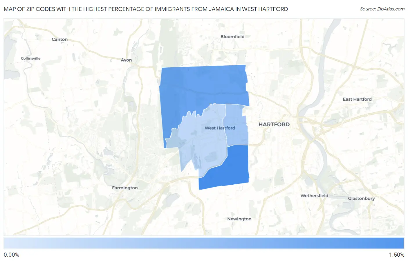 Zip Codes with the Highest Percentage of Immigrants from Jamaica in West Hartford Map