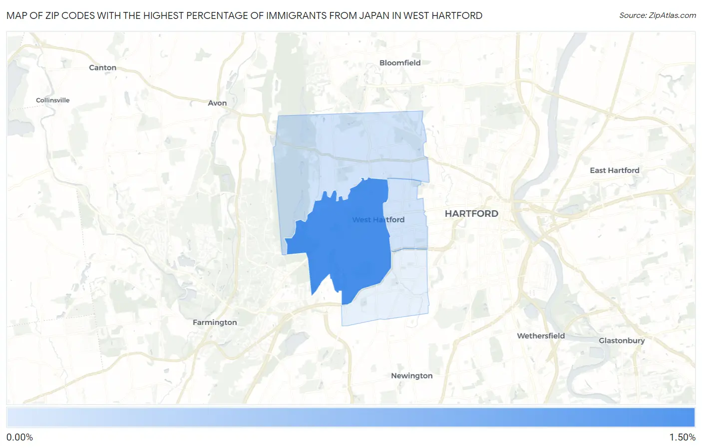 Zip Codes with the Highest Percentage of Immigrants from Japan in West Hartford Map