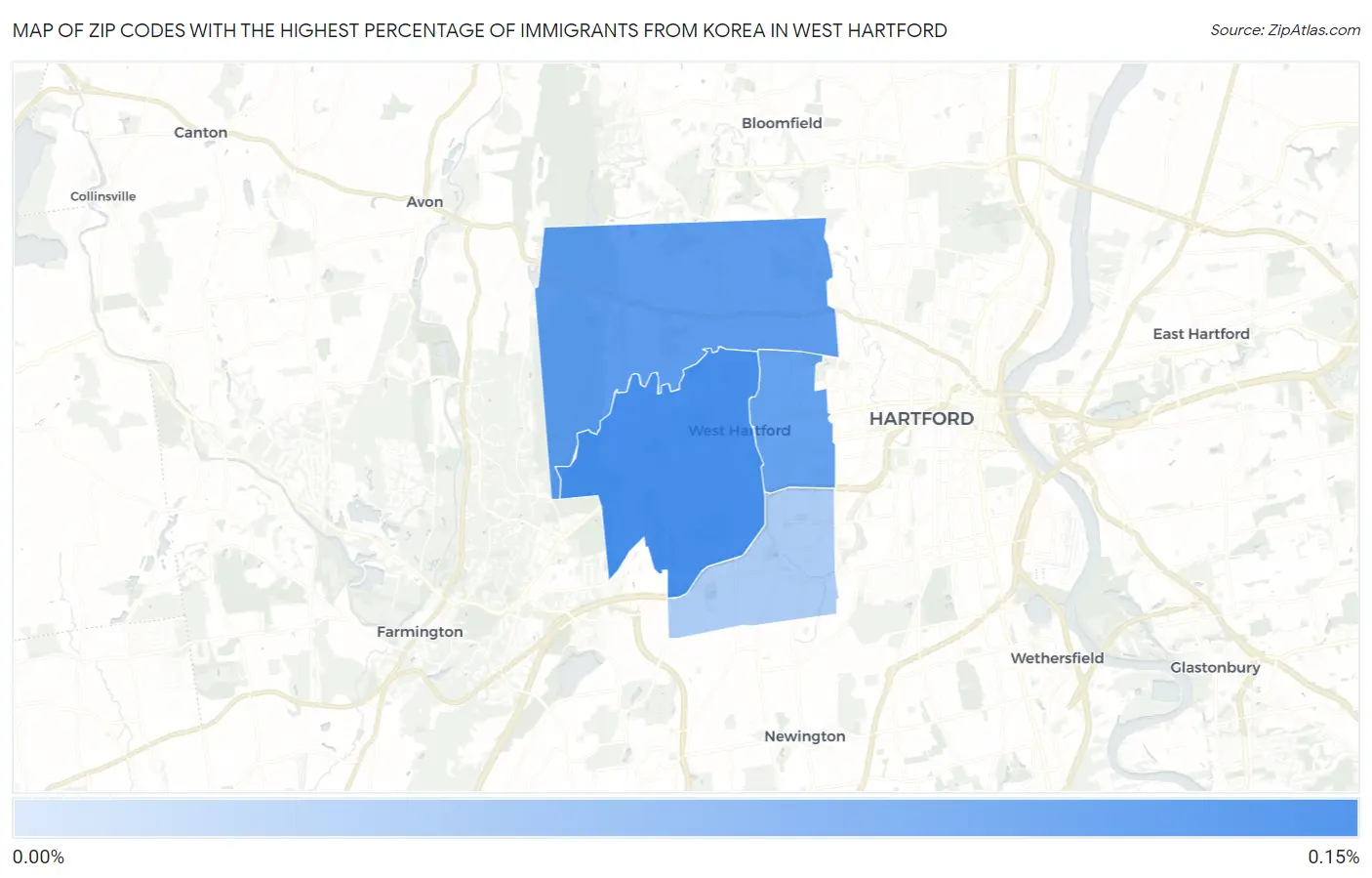 Zip Codes with the Highest Percentage of Immigrants from Korea in West Hartford Map