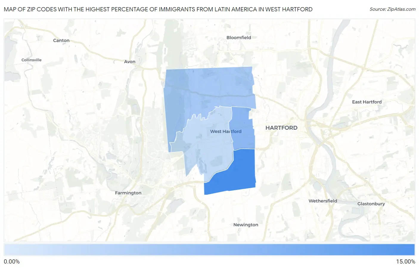 Zip Codes with the Highest Percentage of Immigrants from Latin America in West Hartford Map