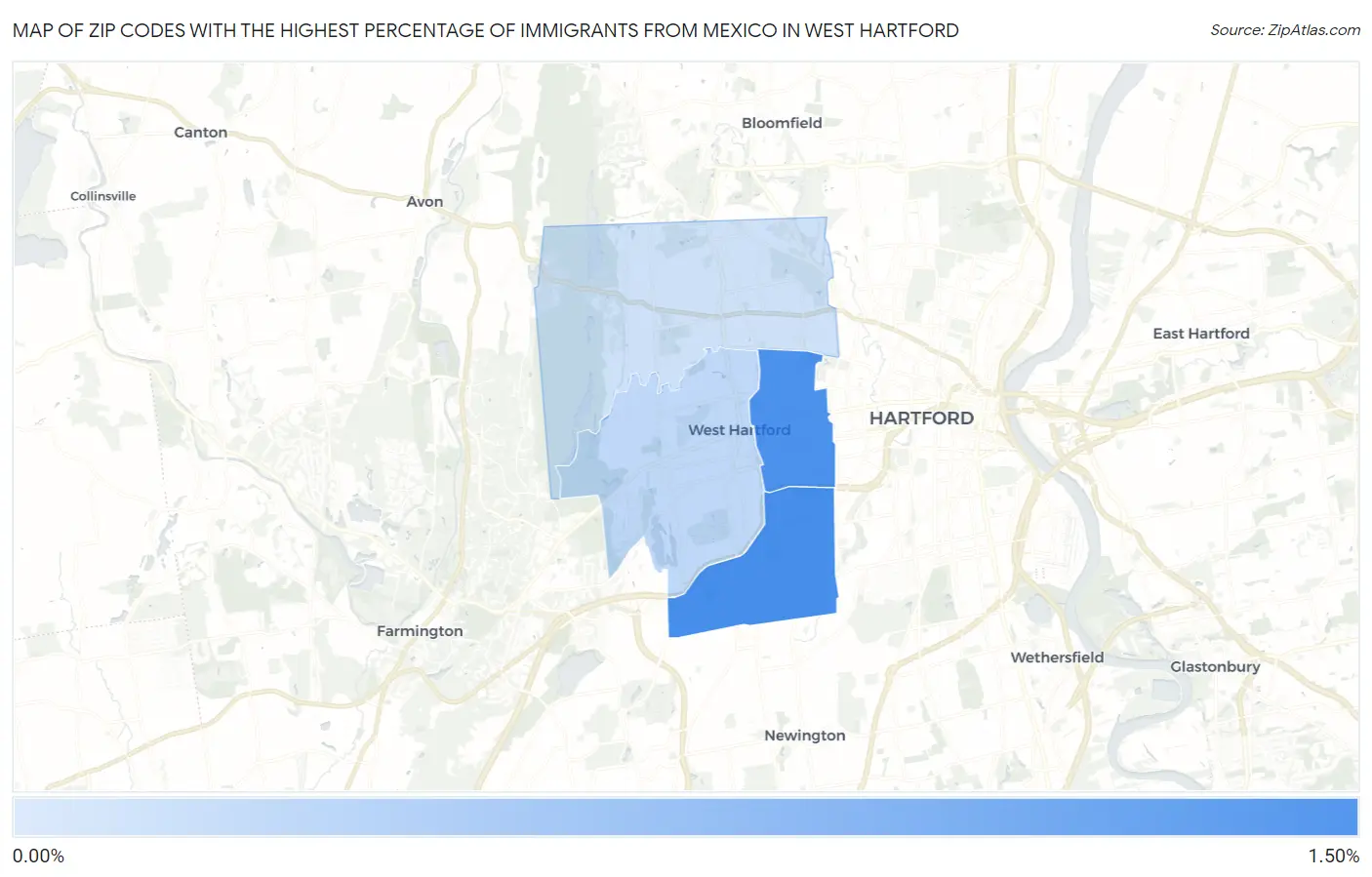 Zip Codes with the Highest Percentage of Immigrants from Mexico in West Hartford Map