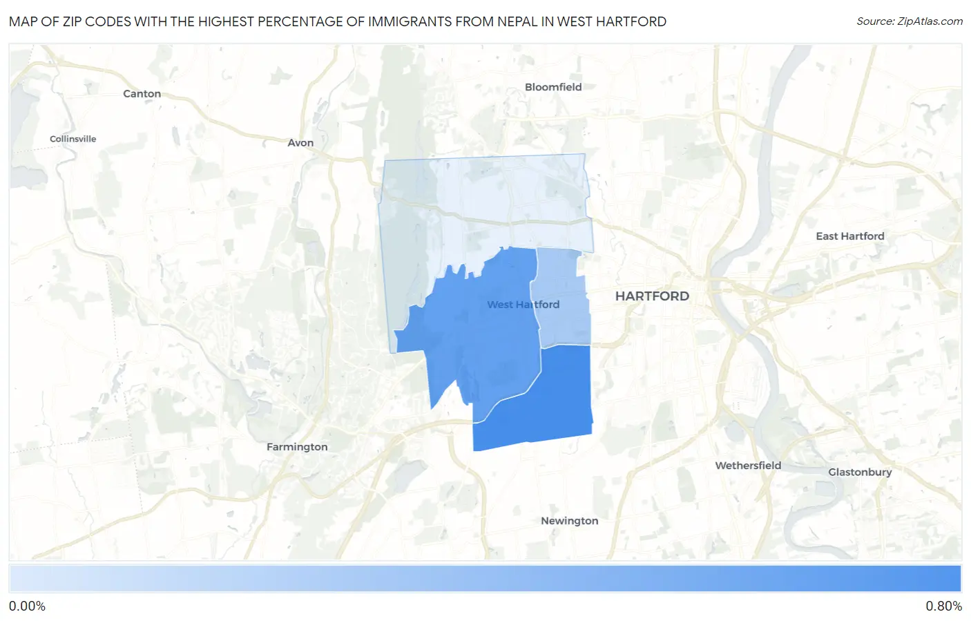 Zip Codes with the Highest Percentage of Immigrants from Nepal in West Hartford Map