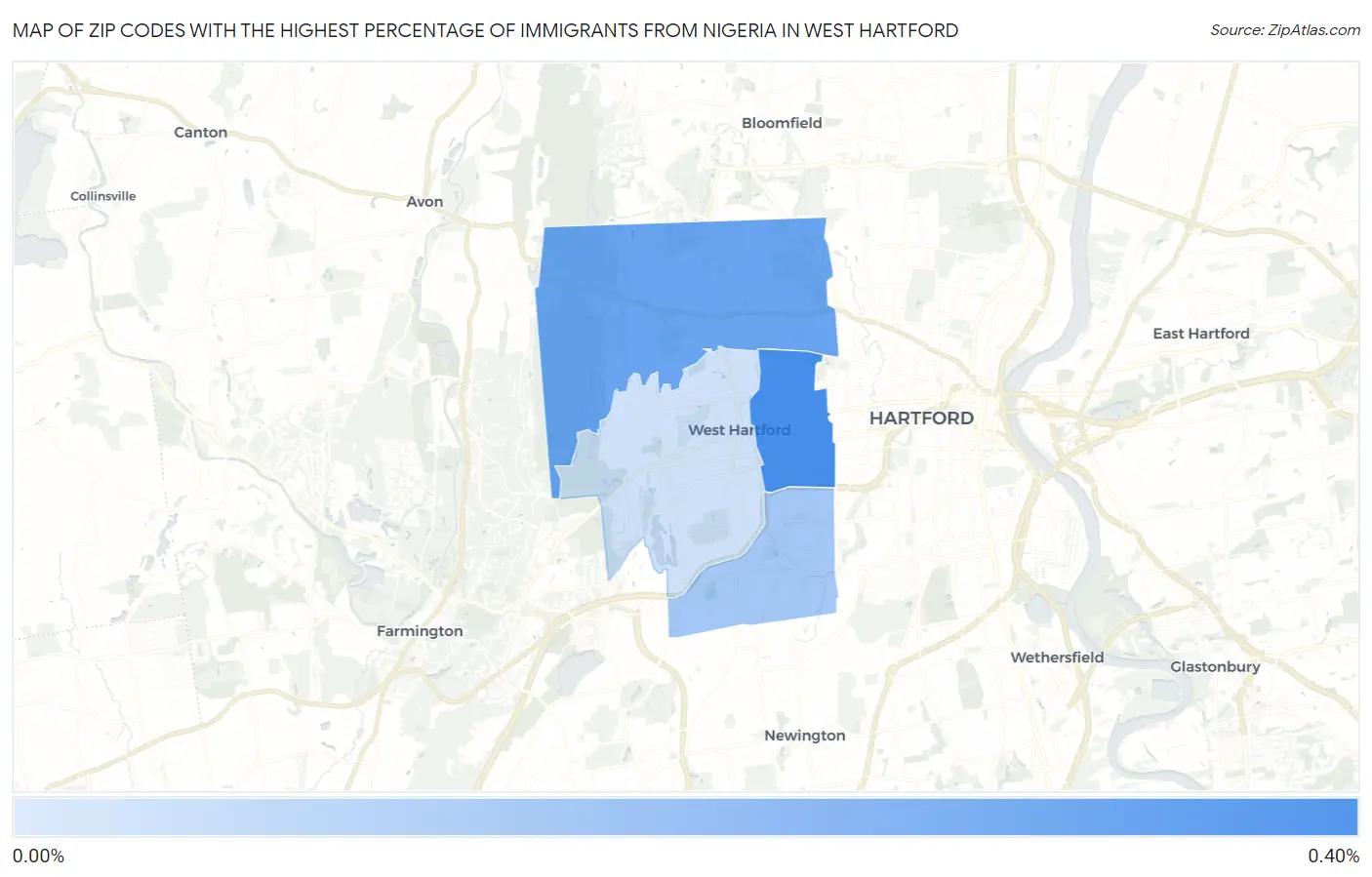 Zip Codes with the Highest Percentage of Immigrants from Nigeria in West Hartford Map