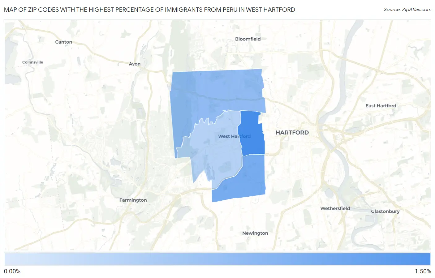 Zip Codes with the Highest Percentage of Immigrants from Peru in West Hartford Map