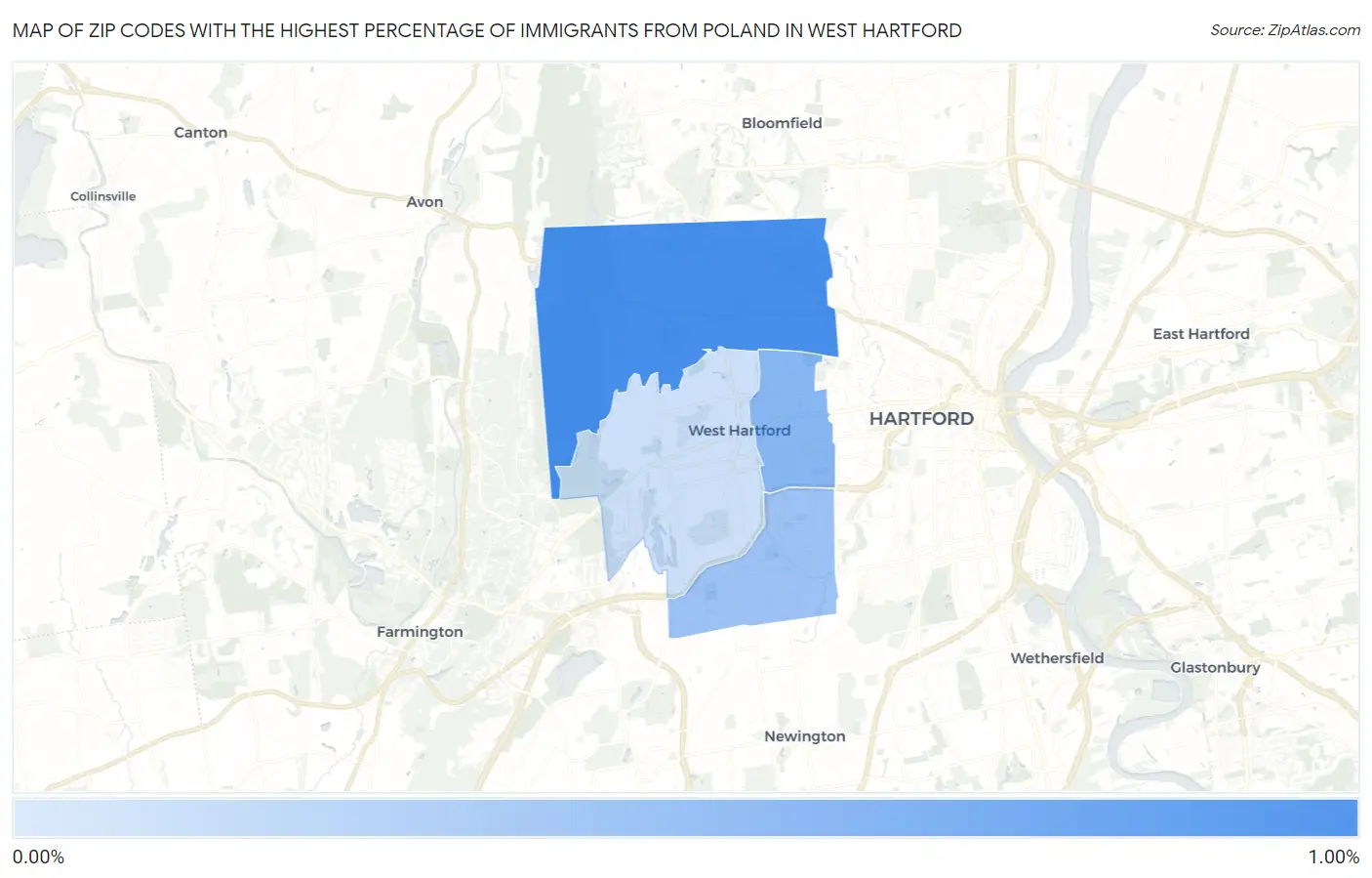 Zip Codes with the Highest Percentage of Immigrants from Poland in West Hartford Map