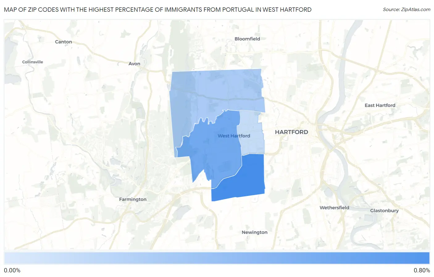 Zip Codes with the Highest Percentage of Immigrants from Portugal in West Hartford Map