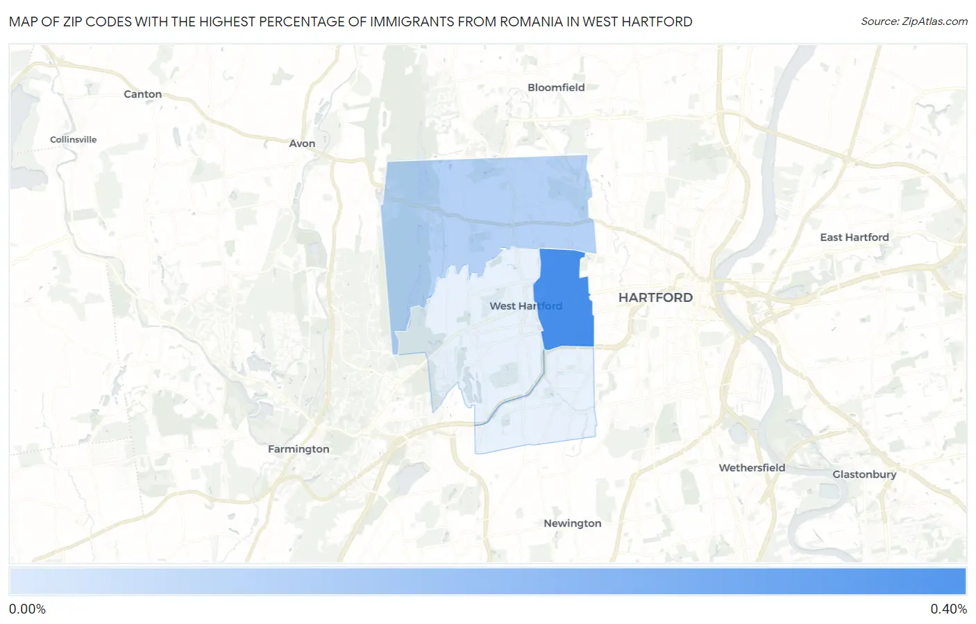 Zip Codes with the Highest Percentage of Immigrants from Romania in West Hartford Map