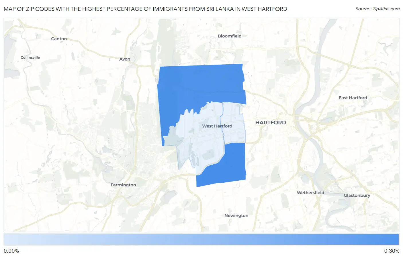 Zip Codes with the Highest Percentage of Immigrants from Sri Lanka in West Hartford Map