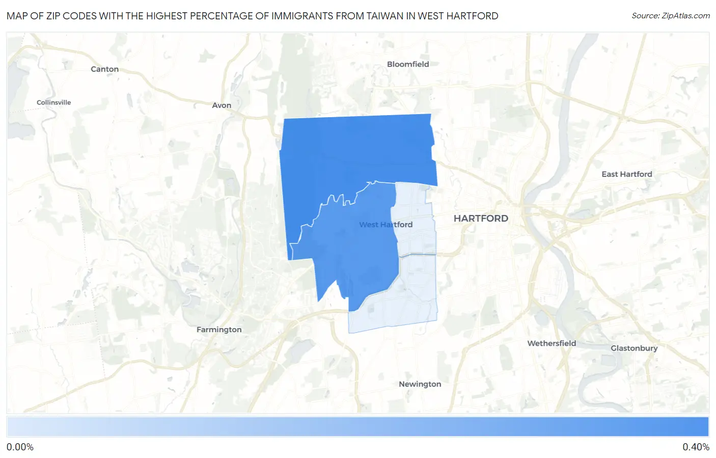 Zip Codes with the Highest Percentage of Immigrants from Taiwan in West Hartford Map