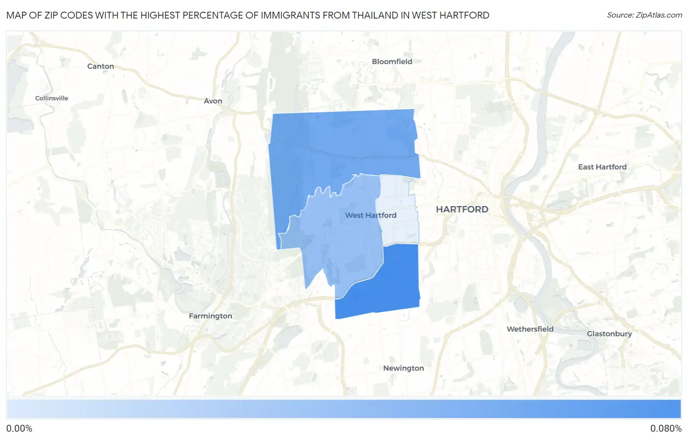 Zip Codes with the Highest Percentage of Immigrants from Thailand in West Hartford Map