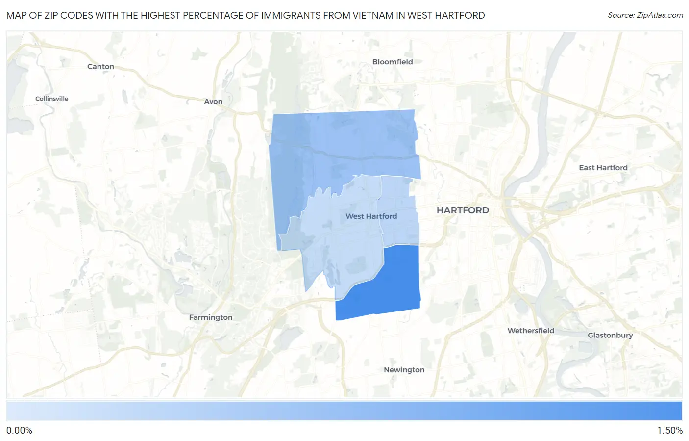 Zip Codes with the Highest Percentage of Immigrants from Vietnam in West Hartford Map