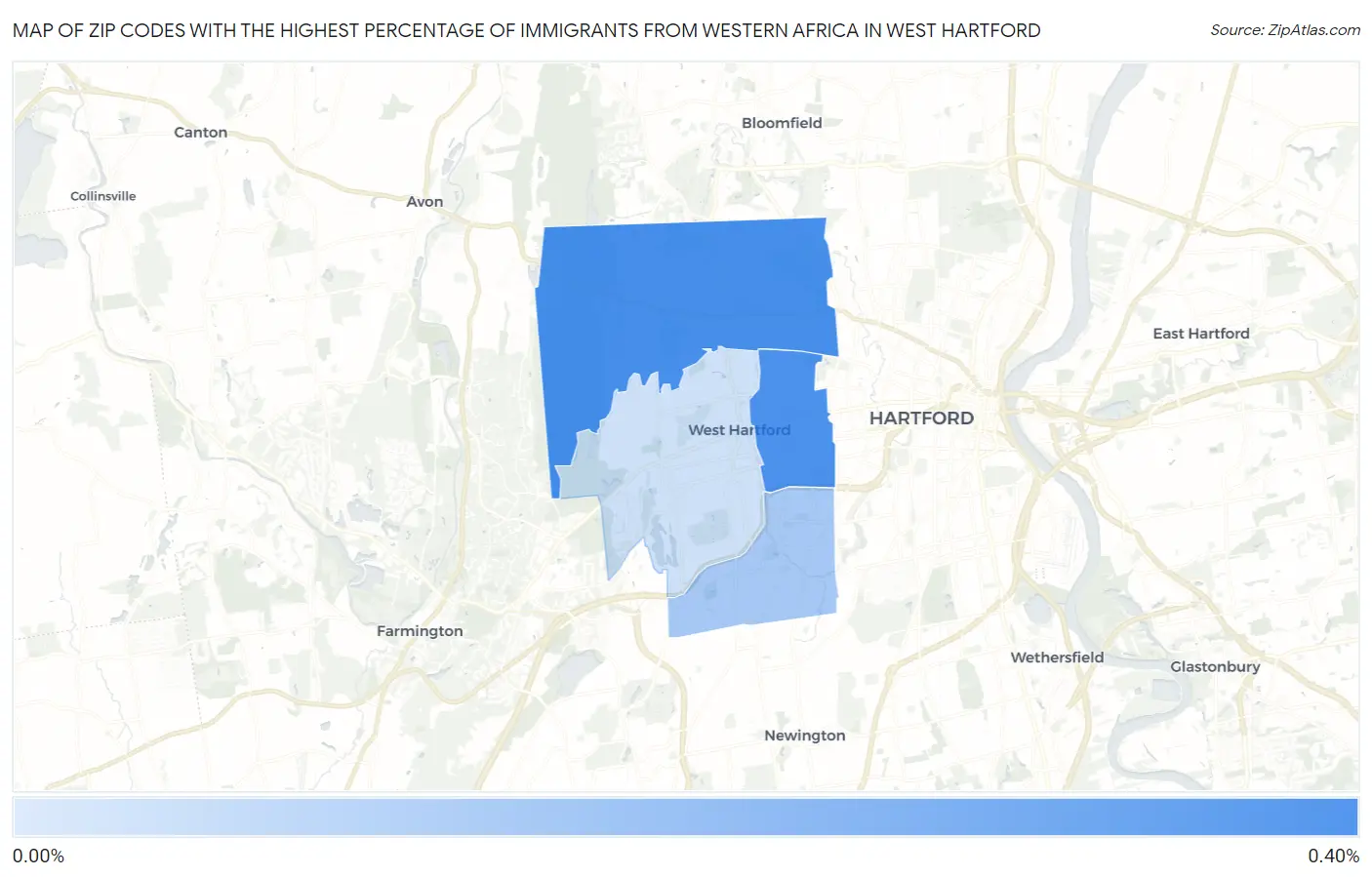 Zip Codes with the Highest Percentage of Immigrants from Western Africa in West Hartford Map