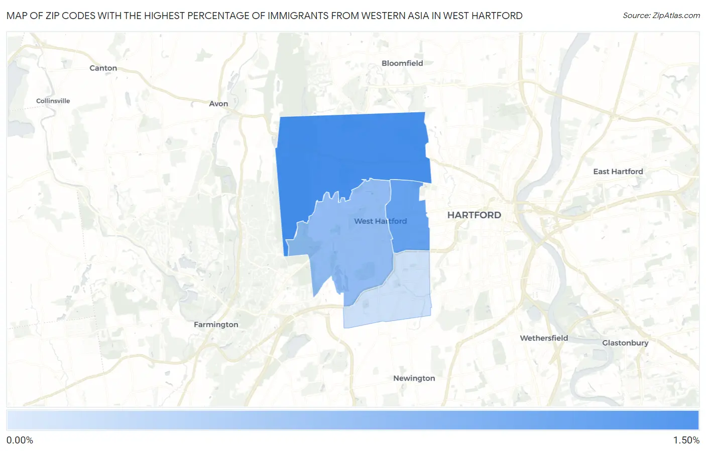 Zip Codes with the Highest Percentage of Immigrants from Western Asia in West Hartford Map