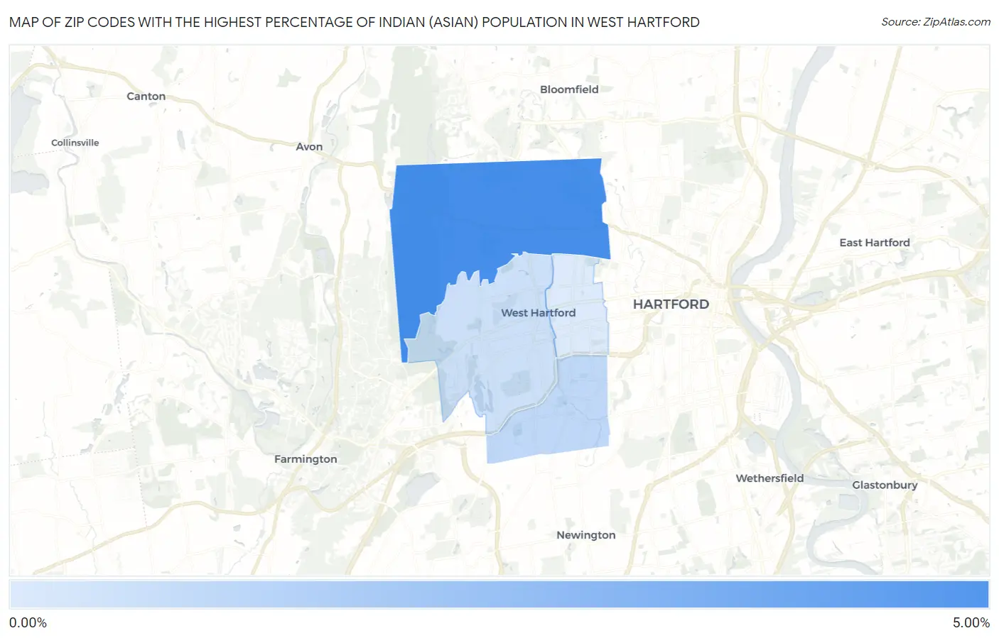 Zip Codes with the Highest Percentage of Indian (Asian) Population in West Hartford Map