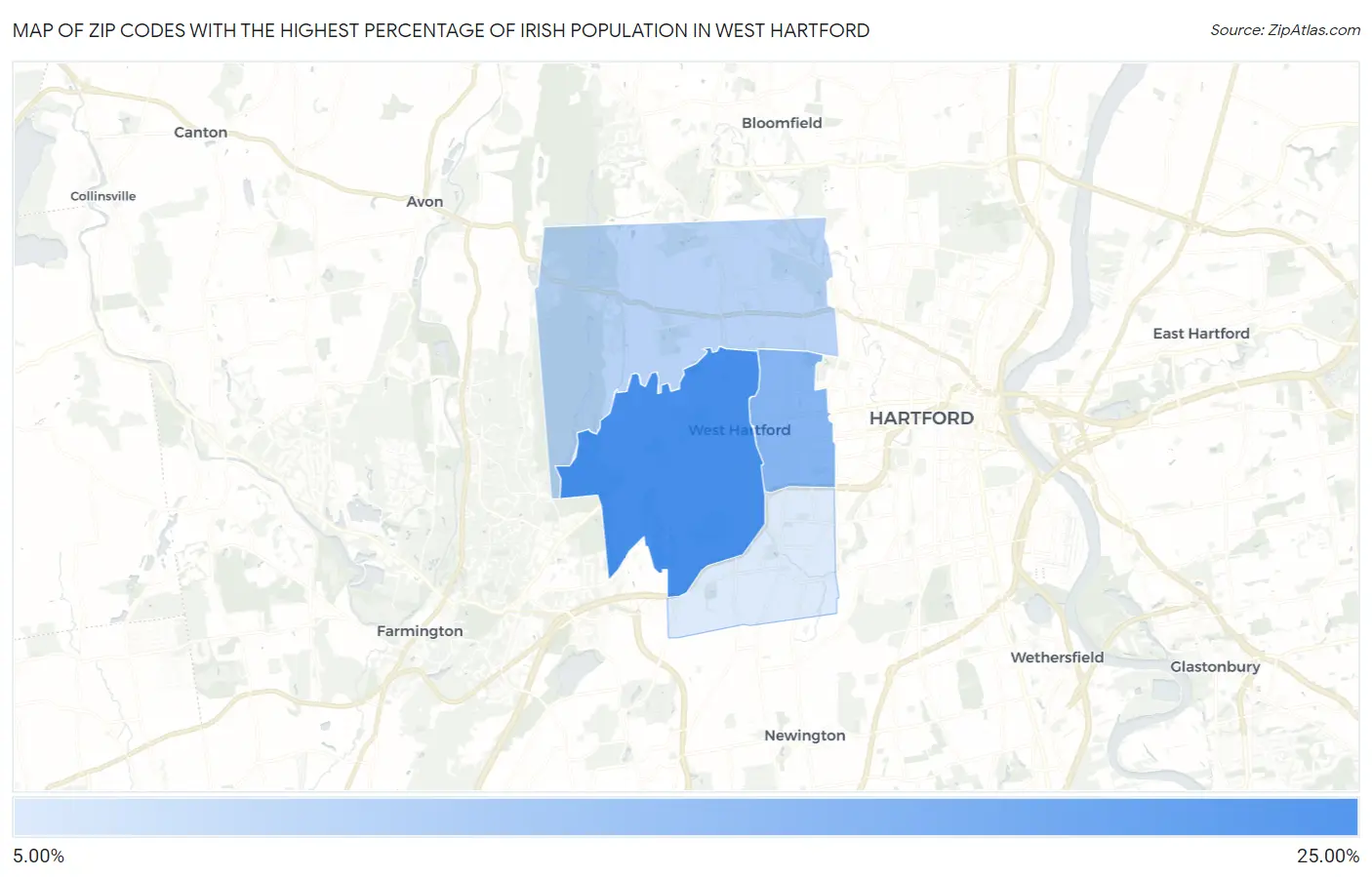 Zip Codes with the Highest Percentage of Irish Population in West Hartford Map