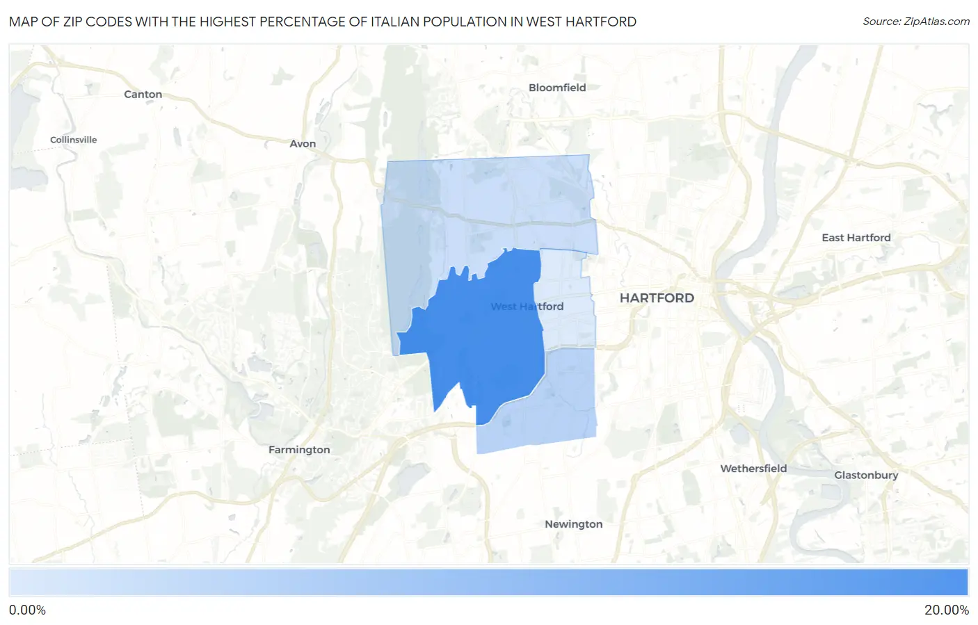 Zip Codes with the Highest Percentage of Italian Population in West Hartford Map