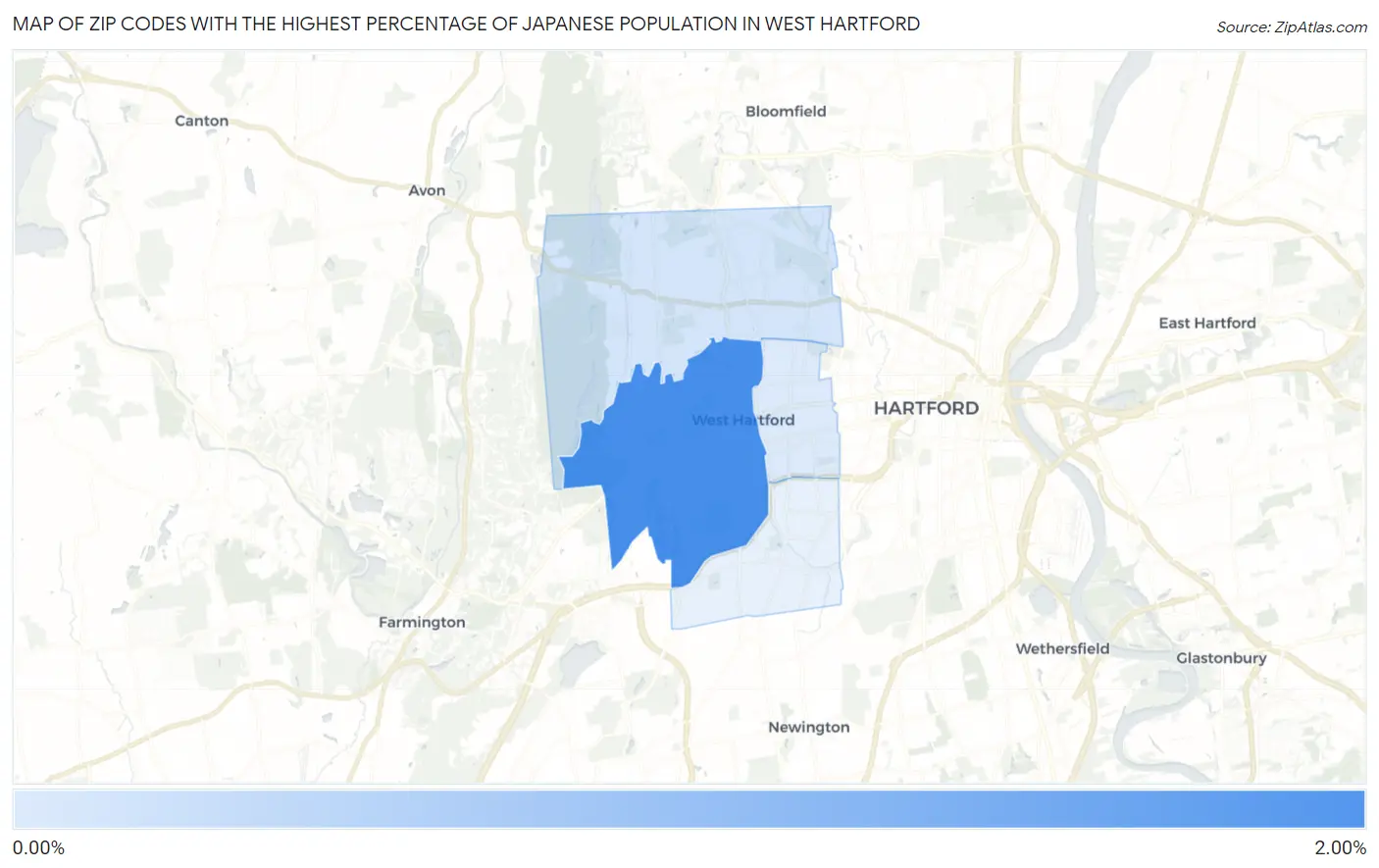 Zip Codes with the Highest Percentage of Japanese Population in West Hartford Map