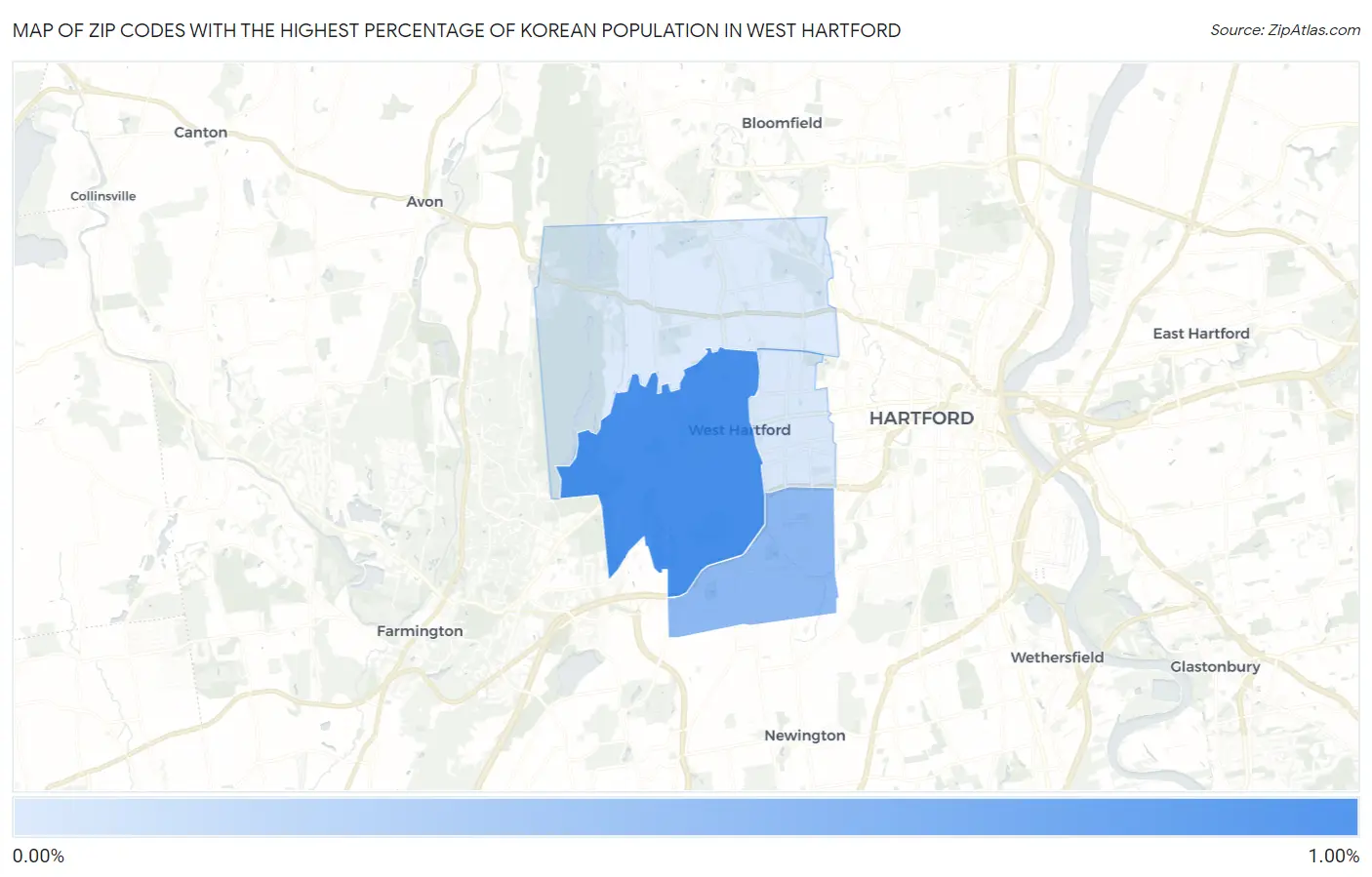 Zip Codes with the Highest Percentage of Korean Population in West Hartford Map