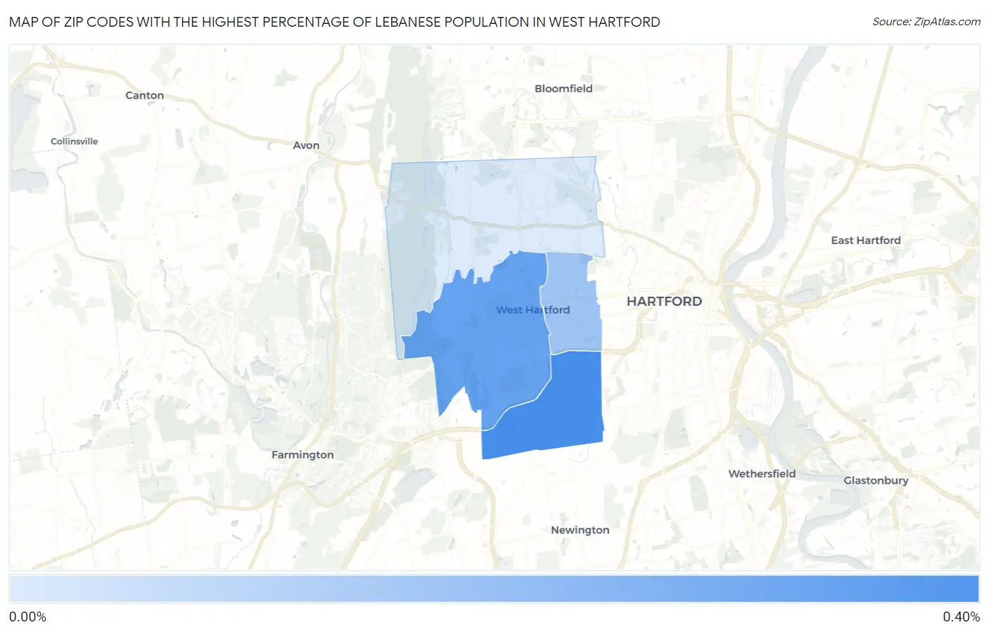 Zip Codes with the Highest Percentage of Lebanese Population in West Hartford Map