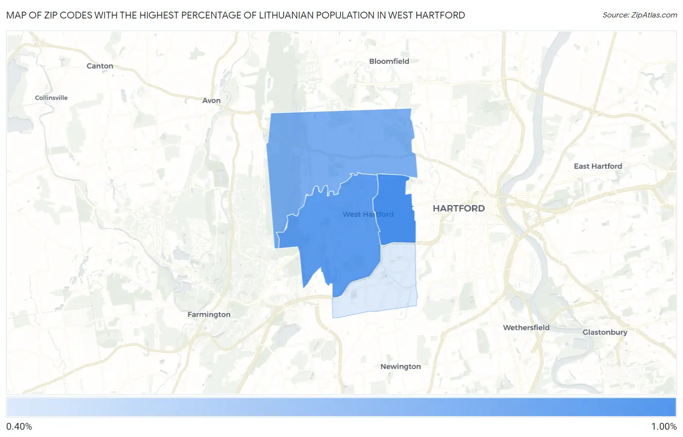 Zip Codes with the Highest Percentage of Lithuanian Population in West Hartford Map