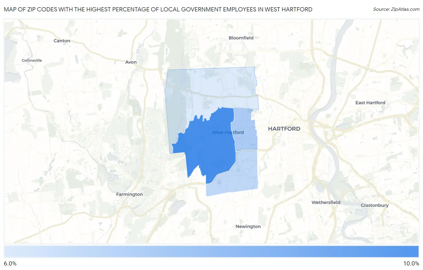 Zip Codes with the Highest Percentage of Local Government Employees in West Hartford Map