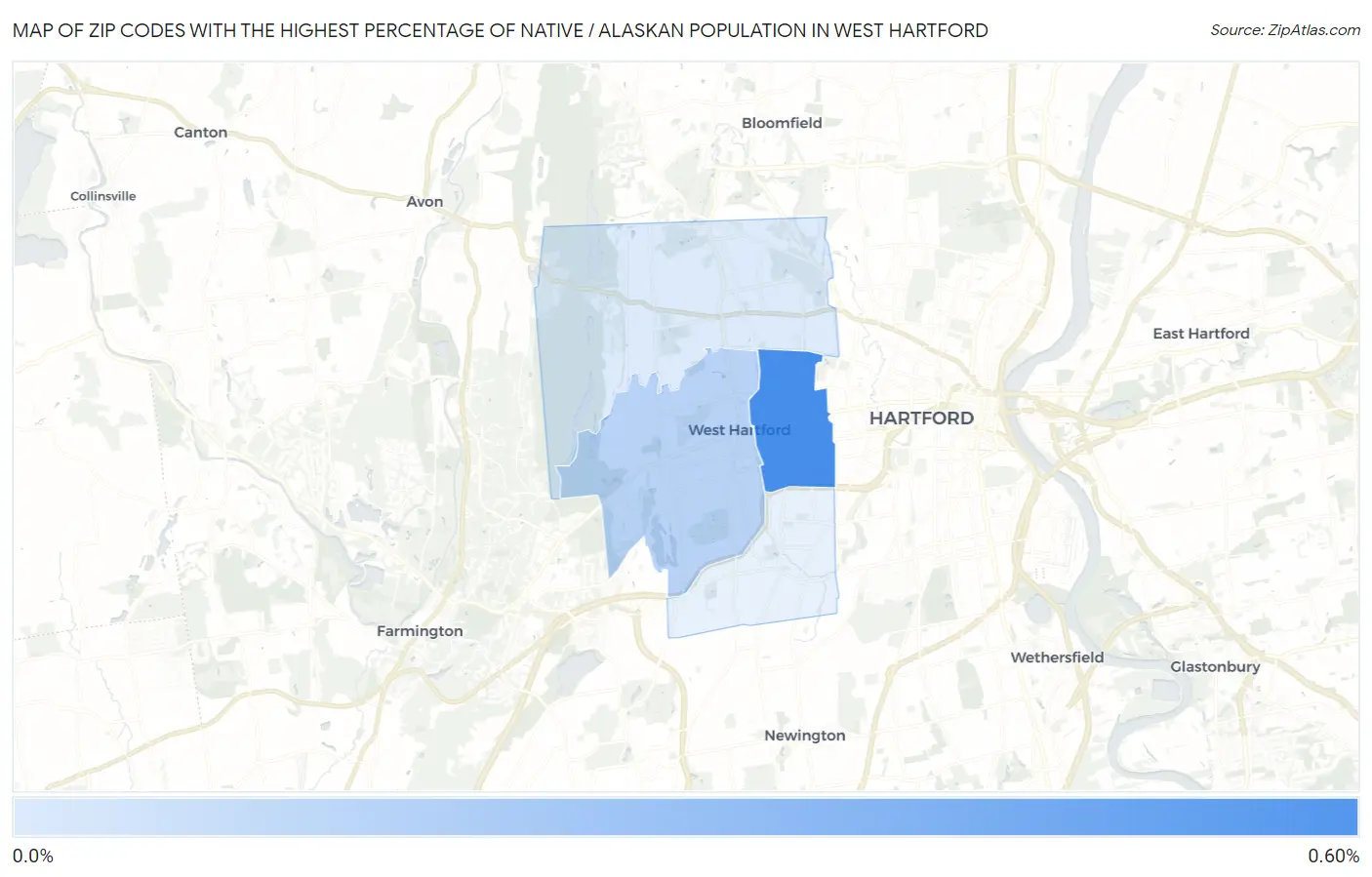Zip Codes with the Highest Percentage of Native / Alaskan Population in West Hartford Map