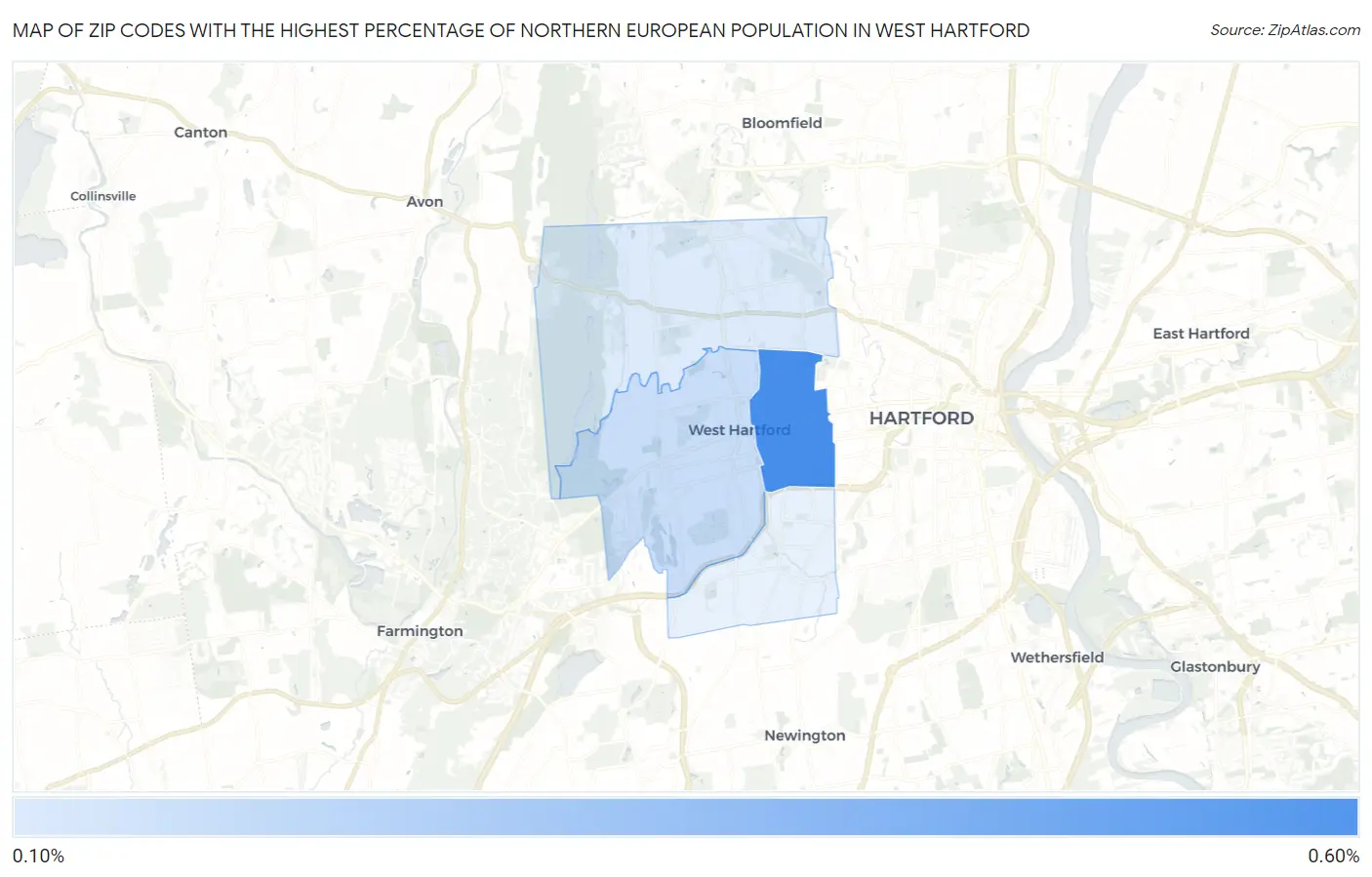 Zip Codes with the Highest Percentage of Northern European Population in West Hartford Map