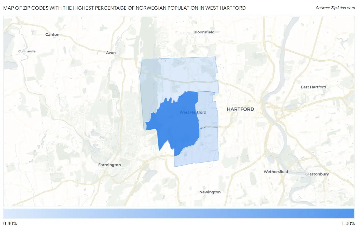 Zip Codes with the Highest Percentage of Norwegian Population in West Hartford Map