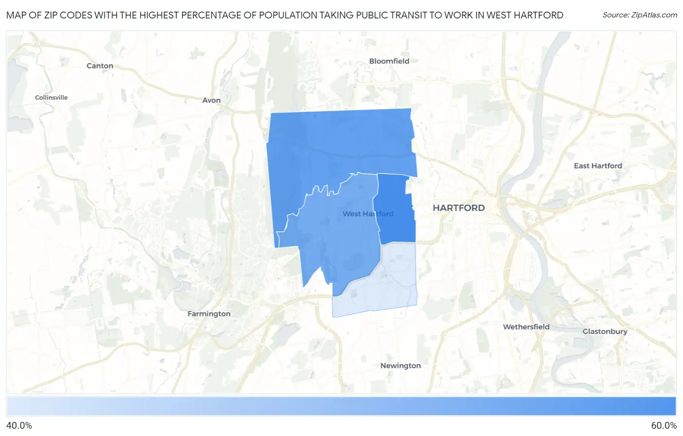 Zip Codes with the Highest Percentage of Population Taking Public Transit to Work in West Hartford Map