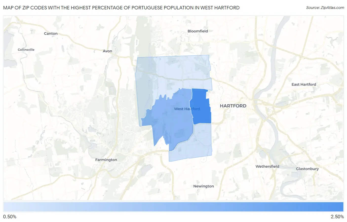 Zip Codes with the Highest Percentage of Portuguese Population in West Hartford Map