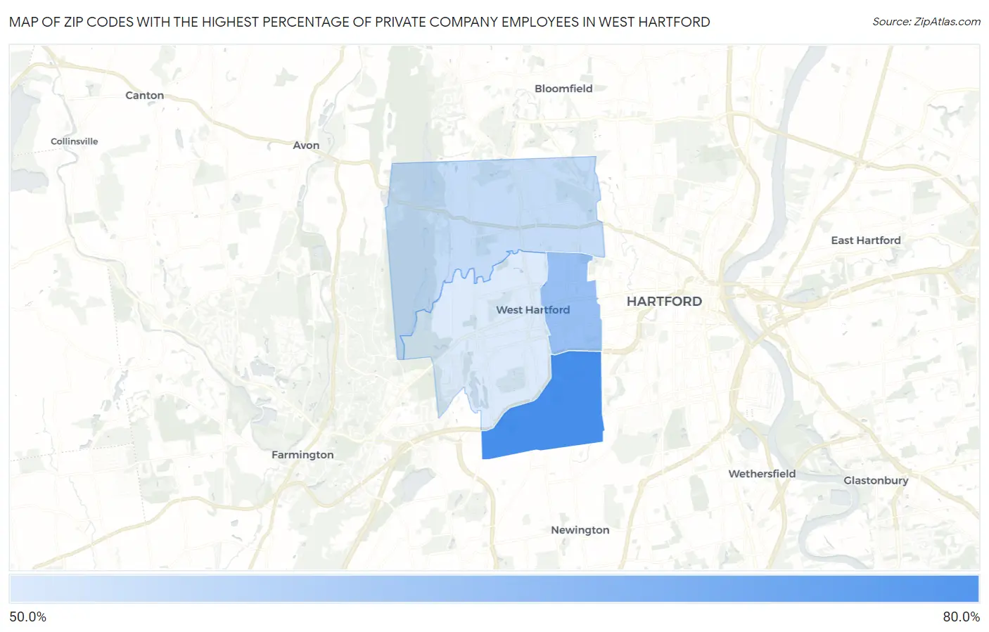 Zip Codes with the Highest Percentage of Private Company Employees in West Hartford Map