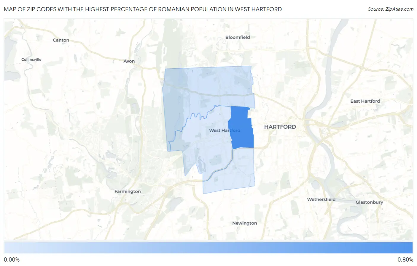 Zip Codes with the Highest Percentage of Romanian Population in West Hartford Map