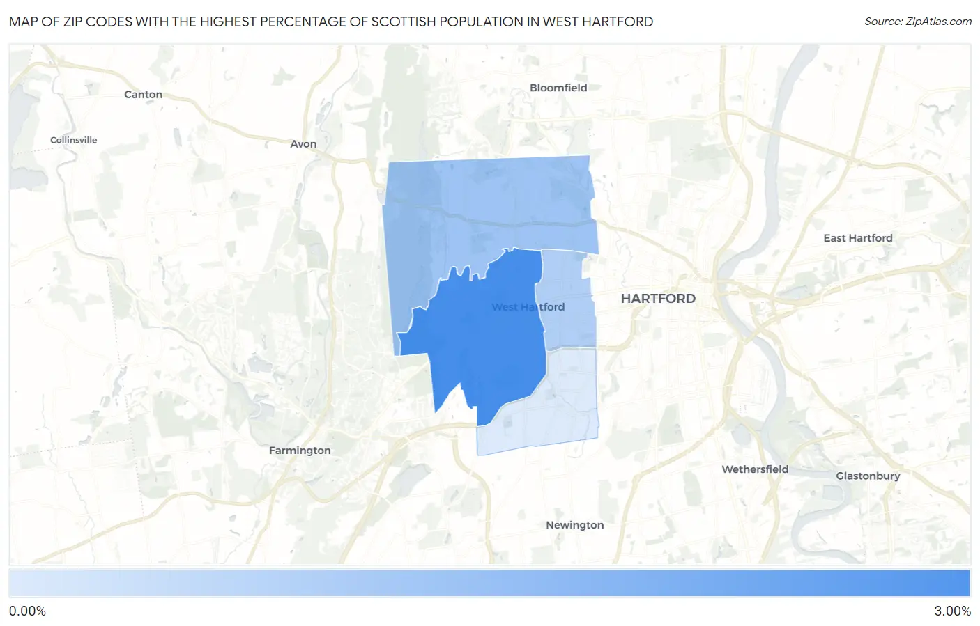 Zip Codes with the Highest Percentage of Scottish Population in West Hartford Map
