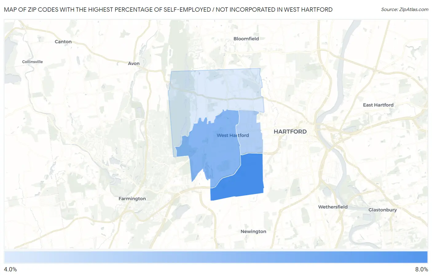 Zip Codes with the Highest Percentage of Self-Employed / Not Incorporated in West Hartford Map