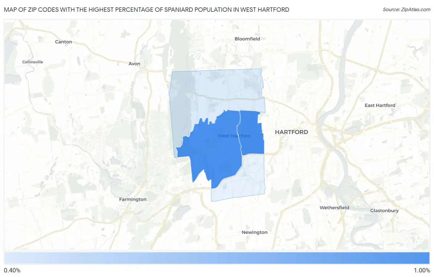 Zip Codes with the Highest Percentage of Spaniard Population in West Hartford Map