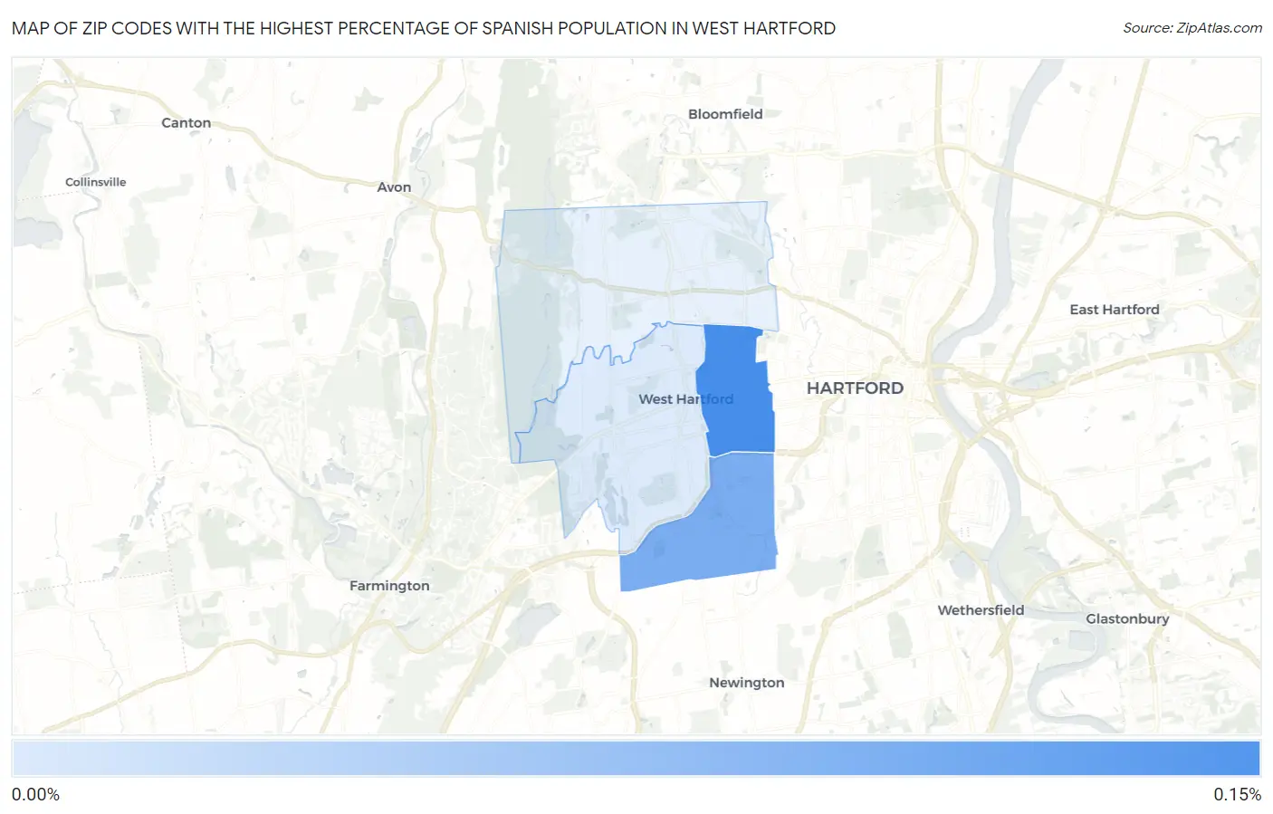 Zip Codes with the Highest Percentage of Spanish Population in West Hartford Map