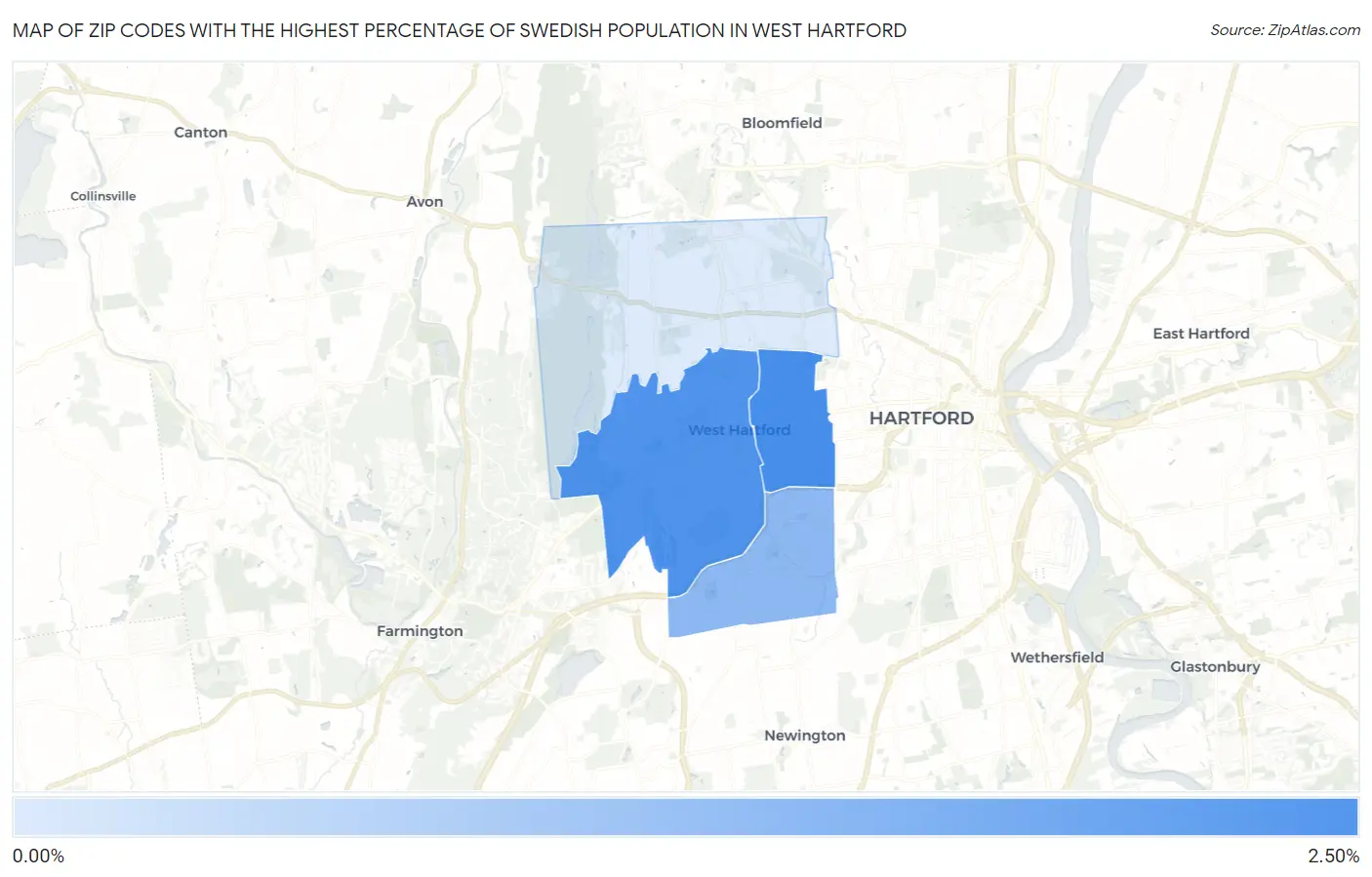 Zip Codes with the Highest Percentage of Swedish Population in West Hartford Map