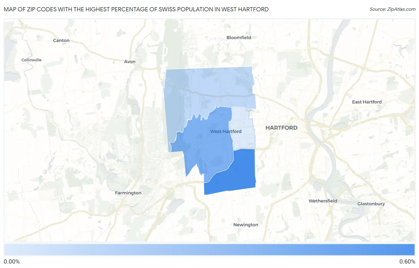 Zip Codes with the Highest Percentage of Swiss Population in West Hartford Map