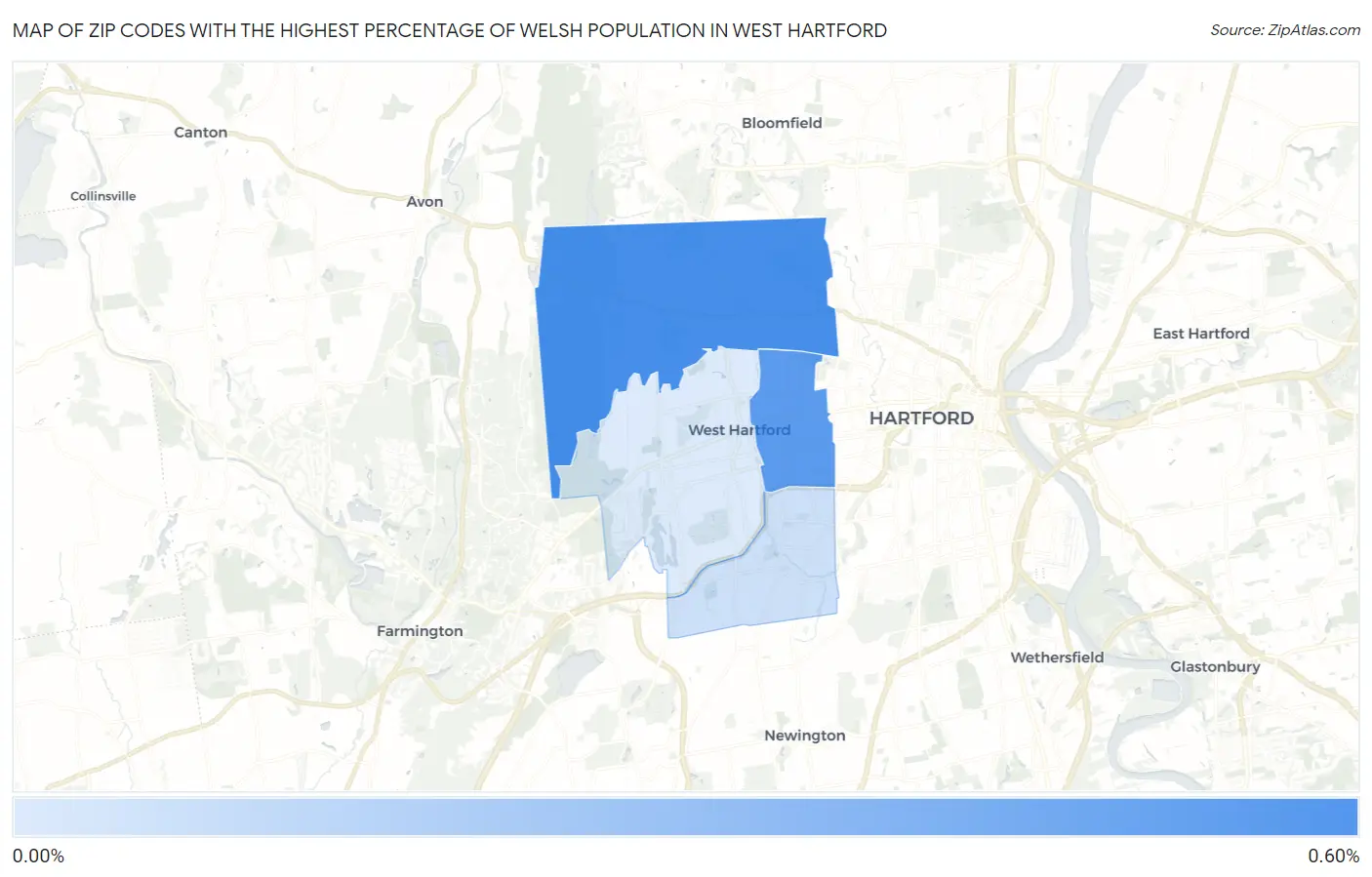 Zip Codes with the Highest Percentage of Welsh Population in West Hartford Map