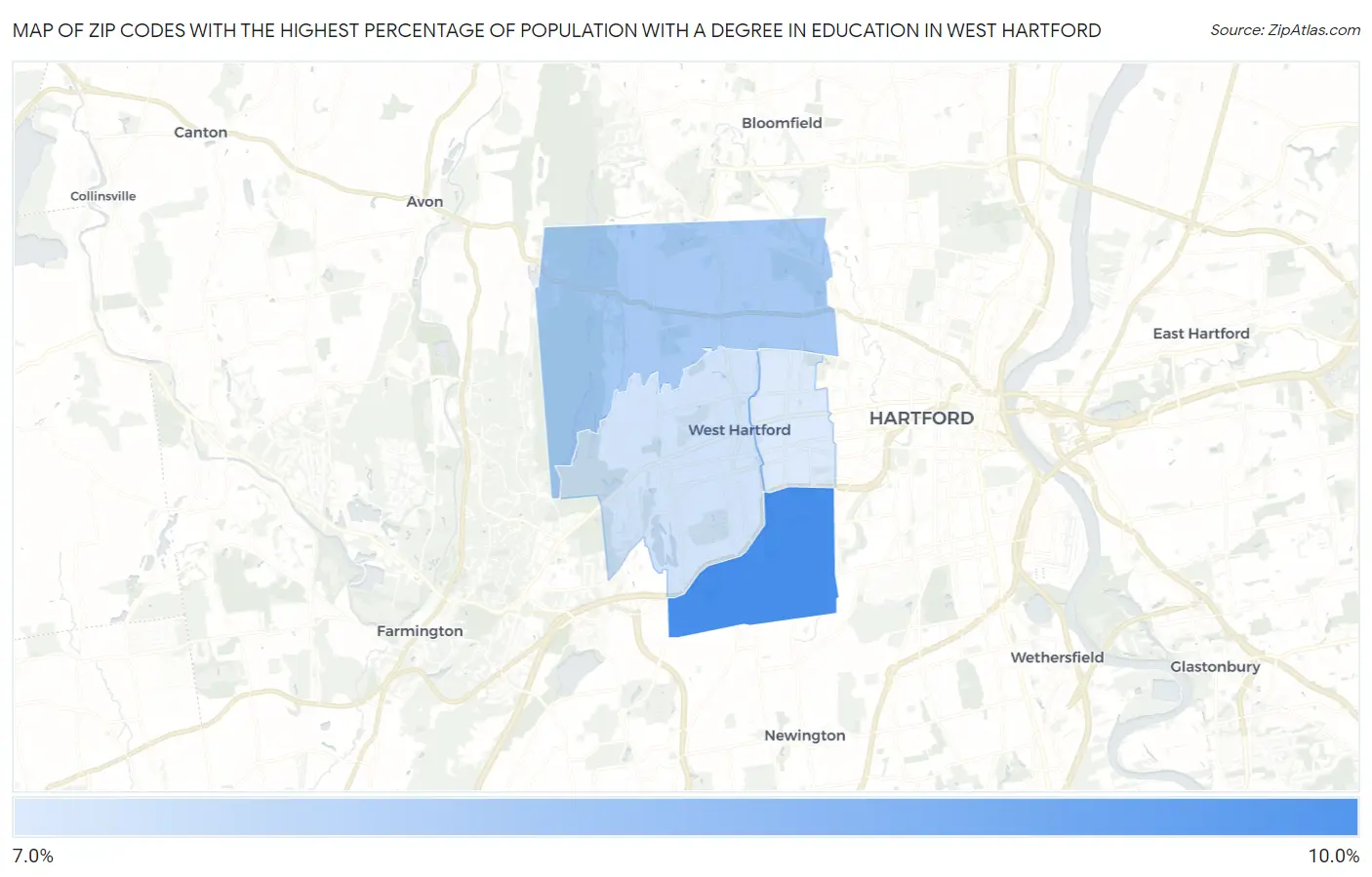 Zip Codes with the Highest Percentage of Population with a Degree in Education in West Hartford Map