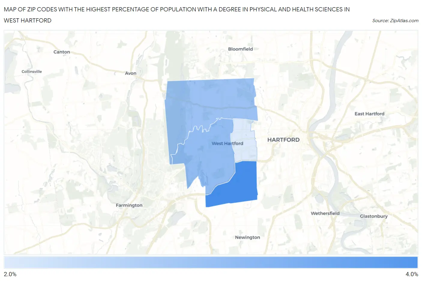 Zip Codes with the Highest Percentage of Population with a Degree in Physical and Health Sciences in West Hartford Map